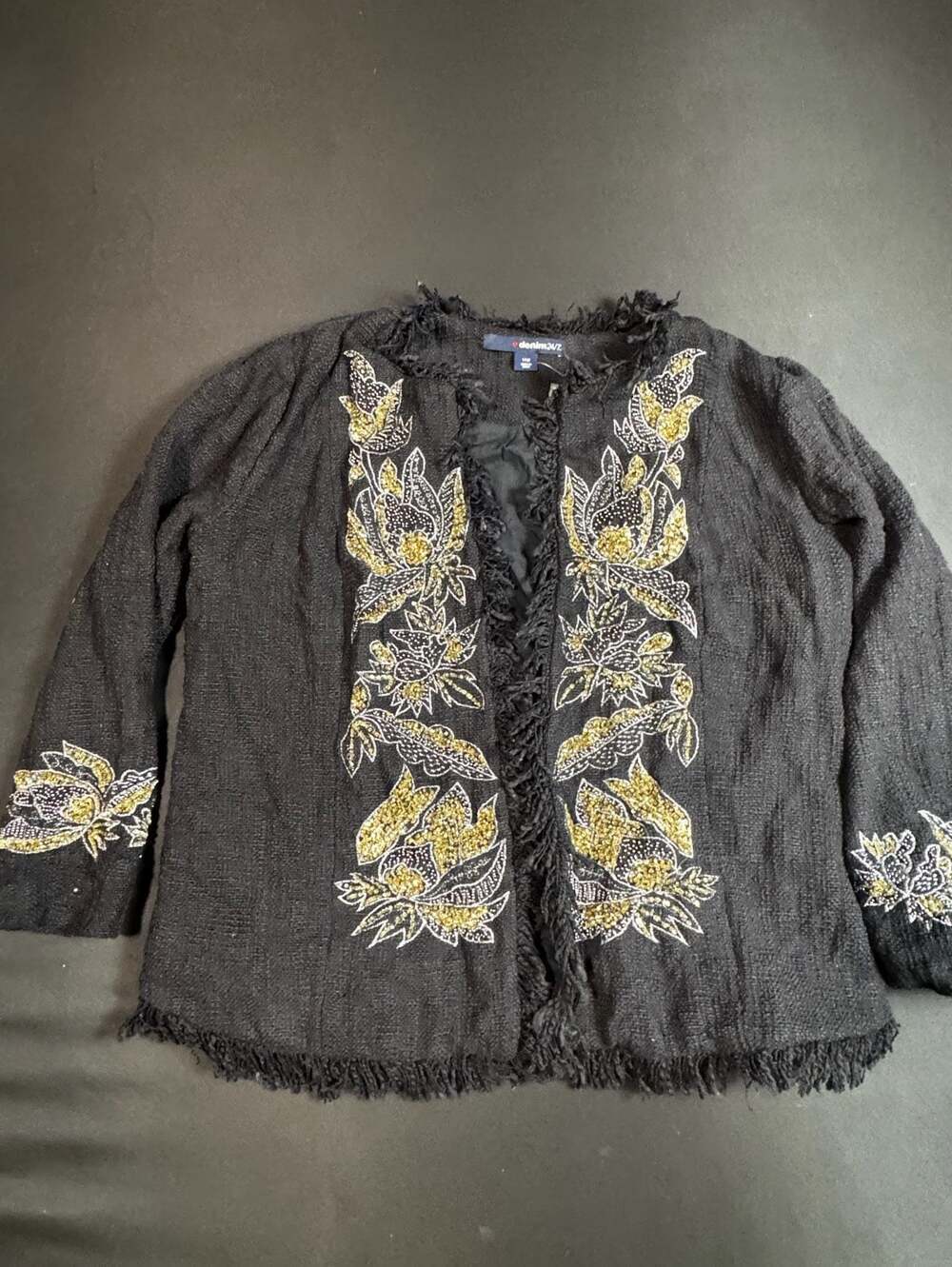 Denim 24/7 Black Cotton Embellished Fringe Cardigan Jacket
